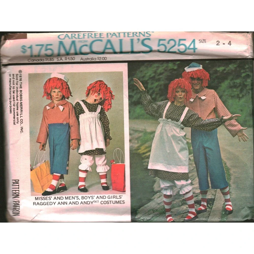 Vintage 1976 McCall's 5254 Raggedy Ann Andy Costume Sewing Pattern Size 2-4 Kids